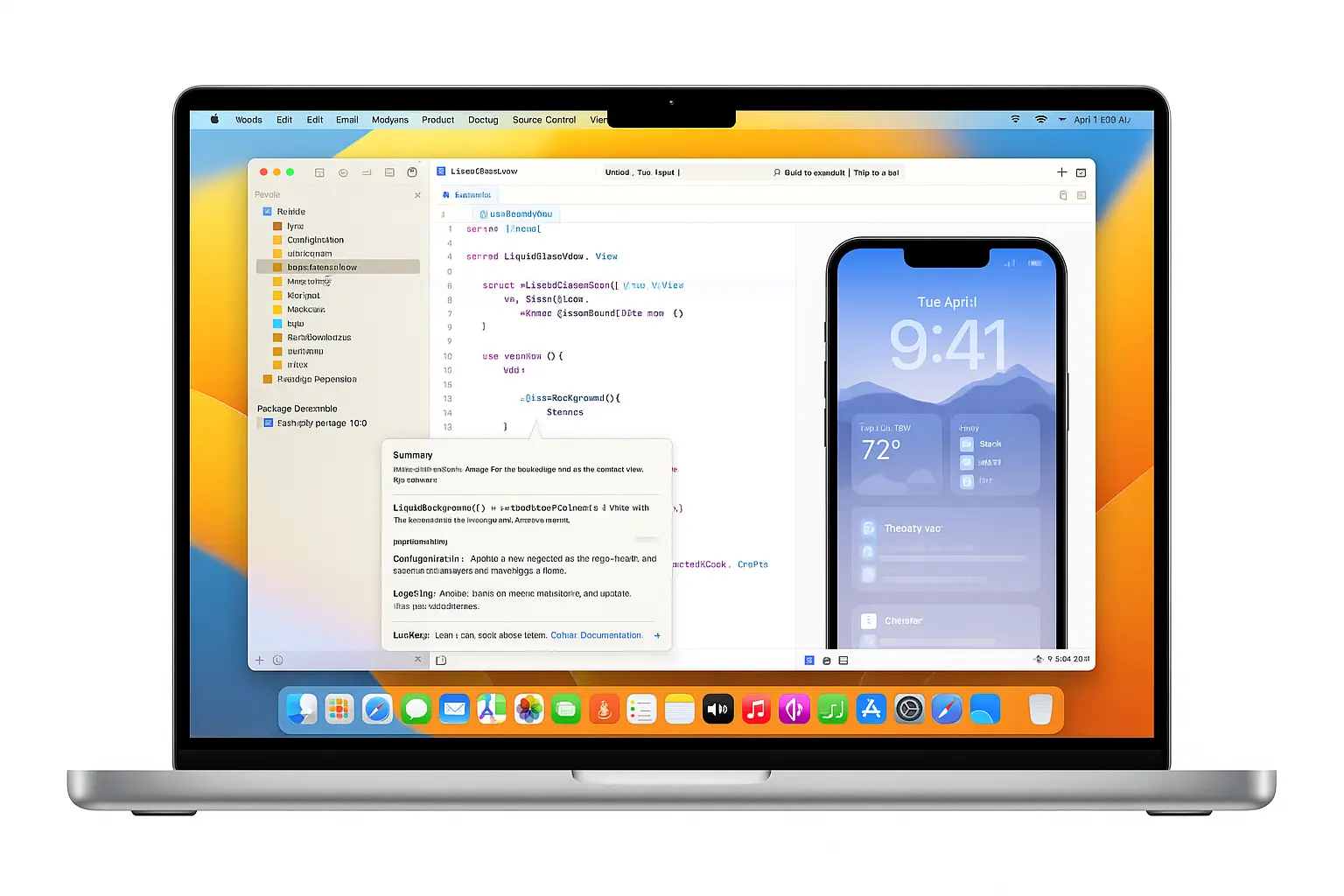 Apple MacBook Pro displaying Xcode with real-time Liquid Glass UI preview using SwiftUI developer tools for iOS 26 interface design