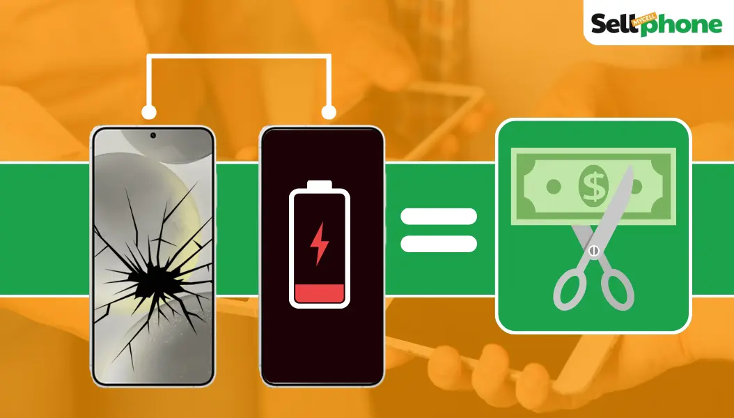 Cracked smartphone screen and low battery warning showing why damaged phones lose resale value and trade-in price fast