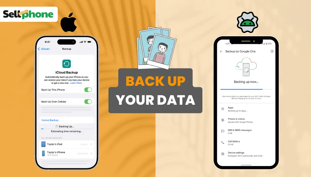 Illustration showing iPhone backing up to iCloud and Android backing up to Google One, with a USB cable connecting a phone to a computer — secure mobile data backup visual for SellMyCellphone