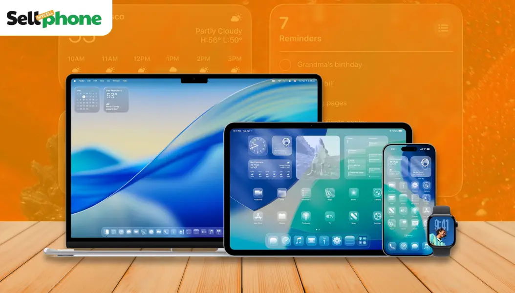 Liquid Glass UI across Apple devices including iPhone with iOS 26, iPad with iPadOS 26, MacBook with macOS Tahoe, Apple Watch with watchOS 26, and Apple TV with tvOS 26 showing unified translucent interface design