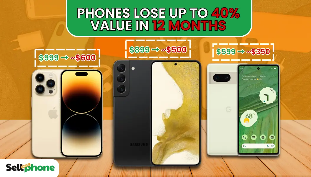 iPhone 14, Samsung Galaxy S22, and Google Pixel 7 price drop comparison showing up to 40% phone depreciation in 12 months