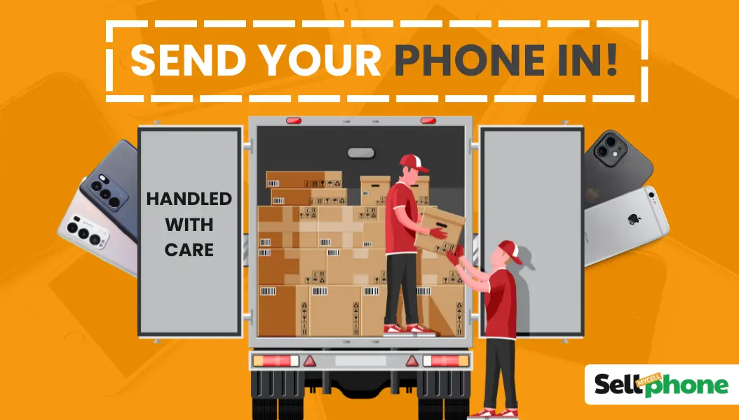 DoorDash pickup of old phone with QR code label for trade-in shipping via SellMyCellPhone